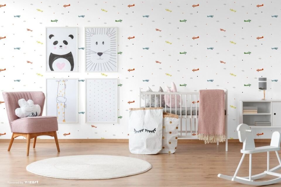 ADA KIDS 8907 Serisi - 1 Açık Beyaz | Gökyüzünde Uçak Detaylı Duvar Kağıdı