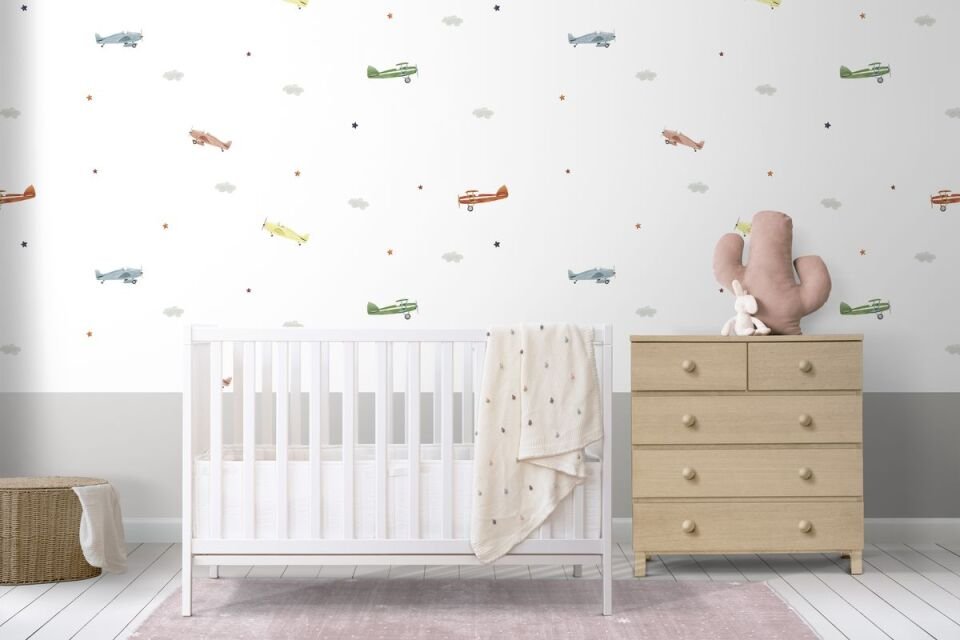 ADA KIDS 8907 Serisi - 1 Açık Beyaz | Gökyüzünde Uçak Detaylı Duvar Kağıdı