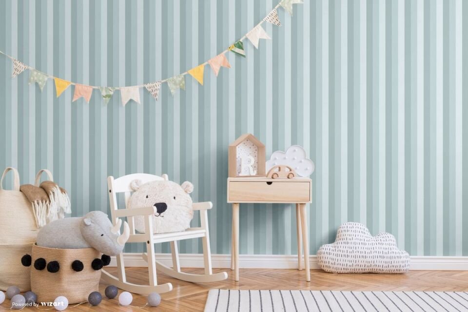 ADA KIDS 8908 Serisi - 2 Açık Gri Mavi | Nötr Renkli Çizgili Duvar Kağıdı