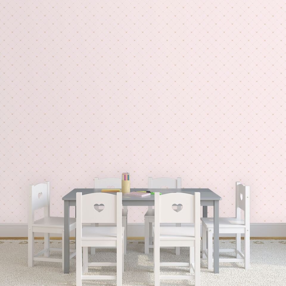 ADA KIDS 8911 Serisi - 2 Açık Pembe | Geometrik Mini Taç Detaylı Duvar Kağıdı