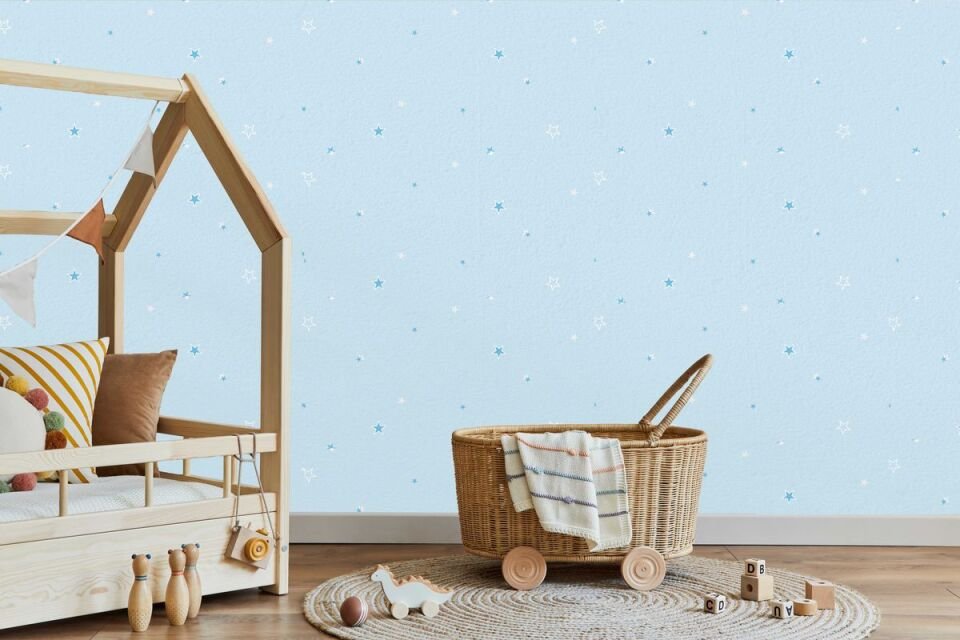 ADA KIDS 8913 Serisi - 1 Açık Mavi | Gece Parıldayan Mini Yıldız Tasarımlı Duvar Kağıdı