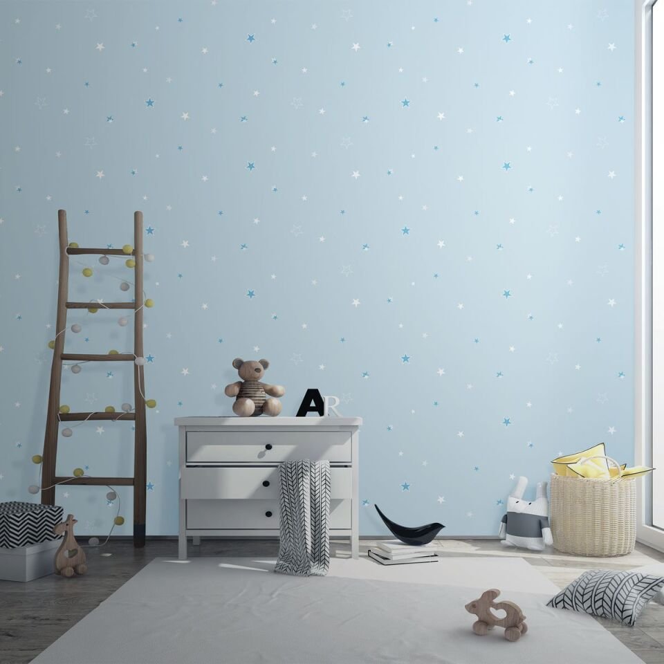 ADA KIDS 8913 Serisi - 1 Açık Mavi | Gece Parıldayan Mini Yıldız Tasarımlı Duvar Kağıdı