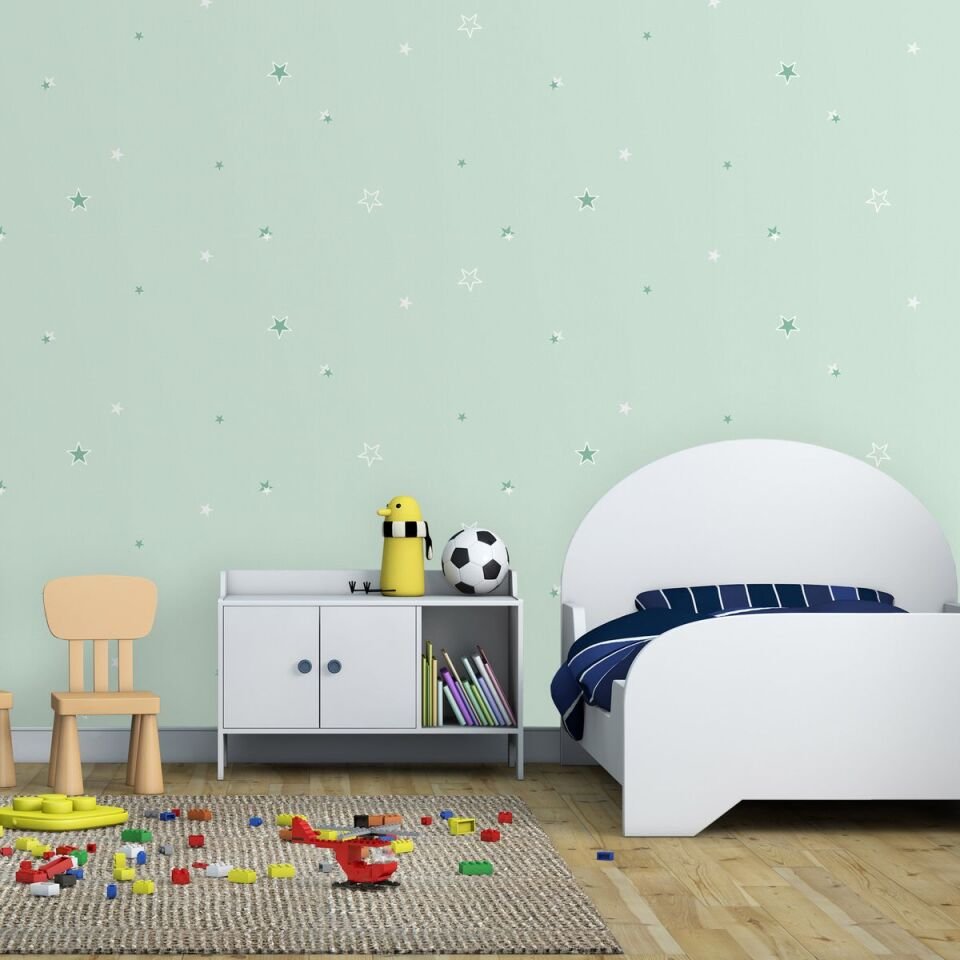 ADA KIDS 8913 Serisi - 2 Açık Yeşil | Gece Parıldayan Mini Yıldız Tasarımlı Duvar Kağıdı