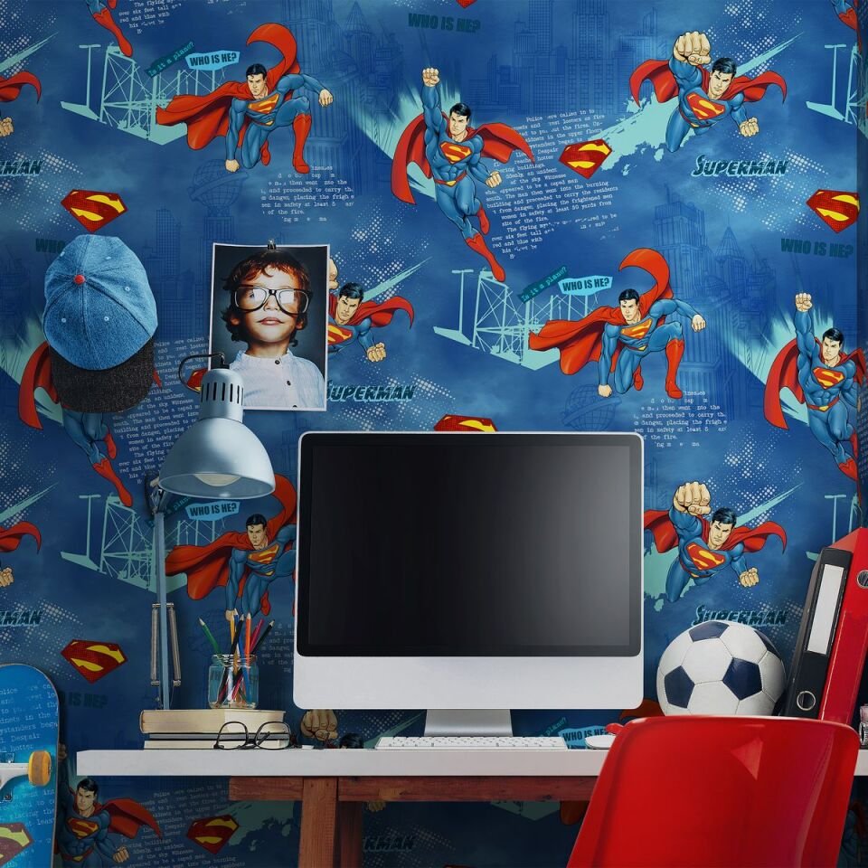 ADA KIDS 8914 Serisi - 1 Koyu Çok Renkli Mavi | Superman Tasarımlı Duvar Kağıdı