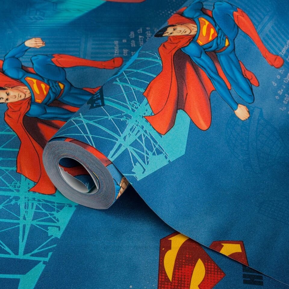 ADA KIDS 8914 Serisi - 1 Koyu Çok Renkli Mavi | Superman Tasarımlı Duvar Kağıdı