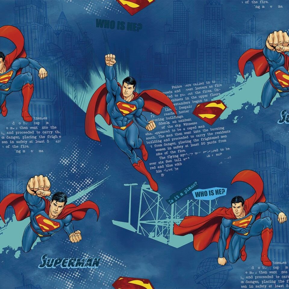 ADA KIDS 8914 Serisi - 1 Koyu Çok Renkli Mavi | Superman Tasarımlı Duvar Kağıdı