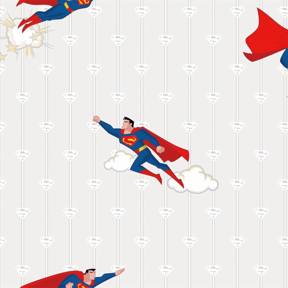 ADA KIDS 8915 Serisi - 1 Açık Gri | Çizgili Superman Tasarımlı Duvar Kağıdı