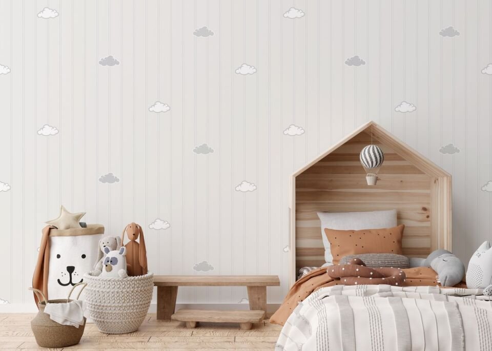 ADA KIDS 8916 Serisi - 1 Açık Gri | Bulut ve Çizgili Minimal Duvar Kağıdı