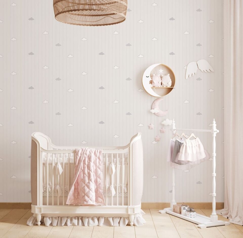 ADA KIDS 8916 Serisi - 1 Açık Gri | Bulut ve Çizgili Minimal Duvar Kağıdı
