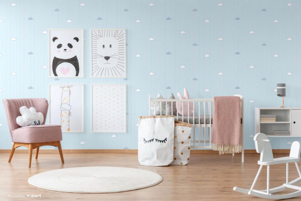 ADA KIDS 8916 Serisi - 2 Açık Mavi | Bulut ve Çizgili Minimal Duvar Kağıdı