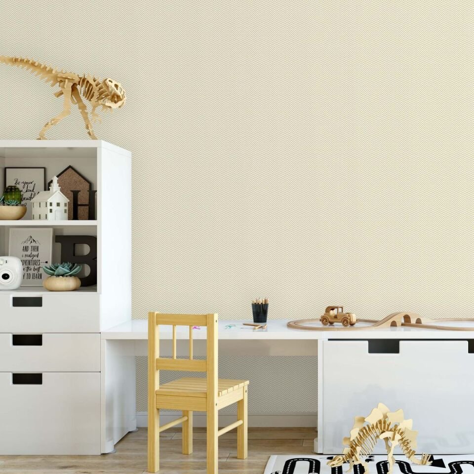 ADA KIDS 8919 Serisi - 2 Açık Bej | Pastel Renkli ve Zigzag Desenli Minimal Duvar Kağıdı