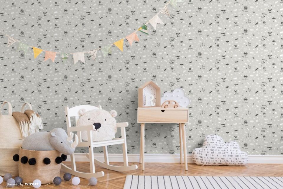 ADA KIDS 8920 Serisi - 1 Açık Gri | Gece Parlayan Batman Logolu Duvar Kağıdı