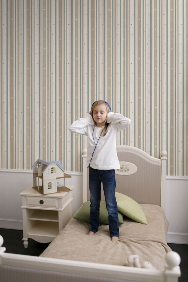 ADA KIDS 8928 Serisi - 1 Açık Bej | Yıldızlı ve Çizgili Duvar Kağıdı