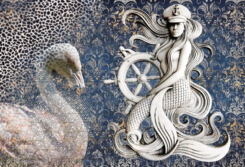 Mermaid ve Kuş Figürlü Leopar Desenli Duvar Posteri
