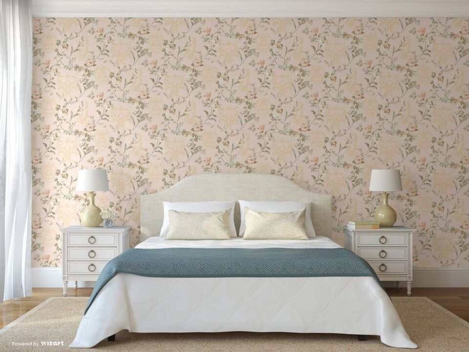 SEVEN 7803 Serisi - 1 Krem Pembe | Güller İle Çiçek Damask Duvar Kağıdı