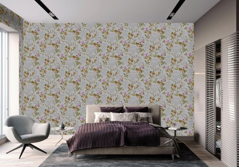 SEVEN 7803 Serisi - 3 Açık Mor | Güller İle Çiçek Damask Duvar Kağıdı