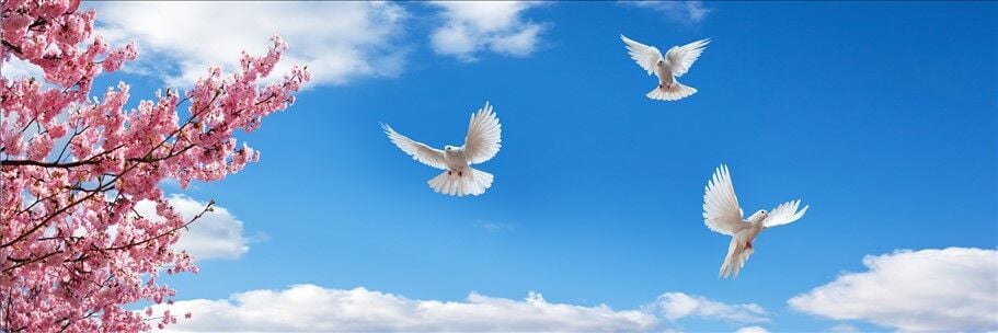 Bahar Çiçekleri ve Uçan Güvercinlerle Gökyüzü Manzarası Duvar Posteri