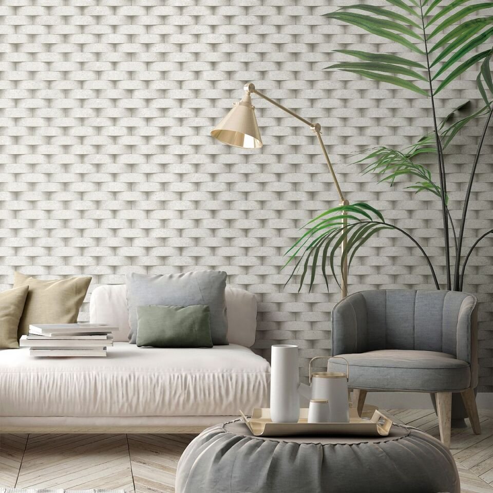 SEVEN 7814 Serisi - 1 Gri Açık | 3D Yuvarlak Tuğla Duvar Desenli Duvar Kağıdı