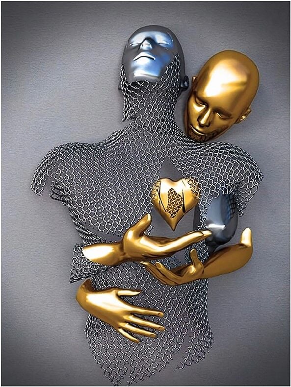 Altın ve Metalik Dokularda Kalpli Humanoid Figürler